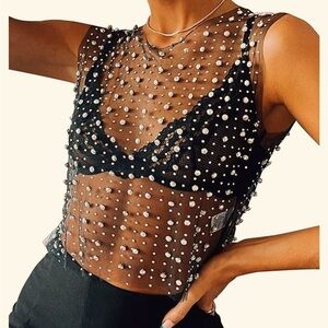 NWT- Sheer mesh rhinestone and pearl tank top